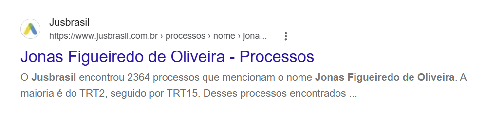 Resultado do Jusbrasil: 2.364 processos que mencionam o nome Jonas Figueiredo de Oliveira